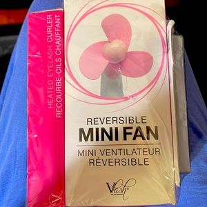 False eyelashes, clear adhesive, reversible mini fan, eyelash curler